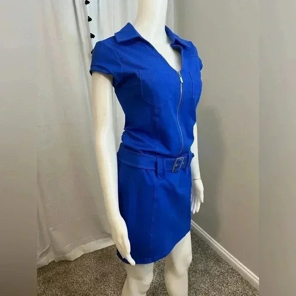 GUESS retro style blue belted mini dress size medium with zip accent size medium - Picture 2 of 8